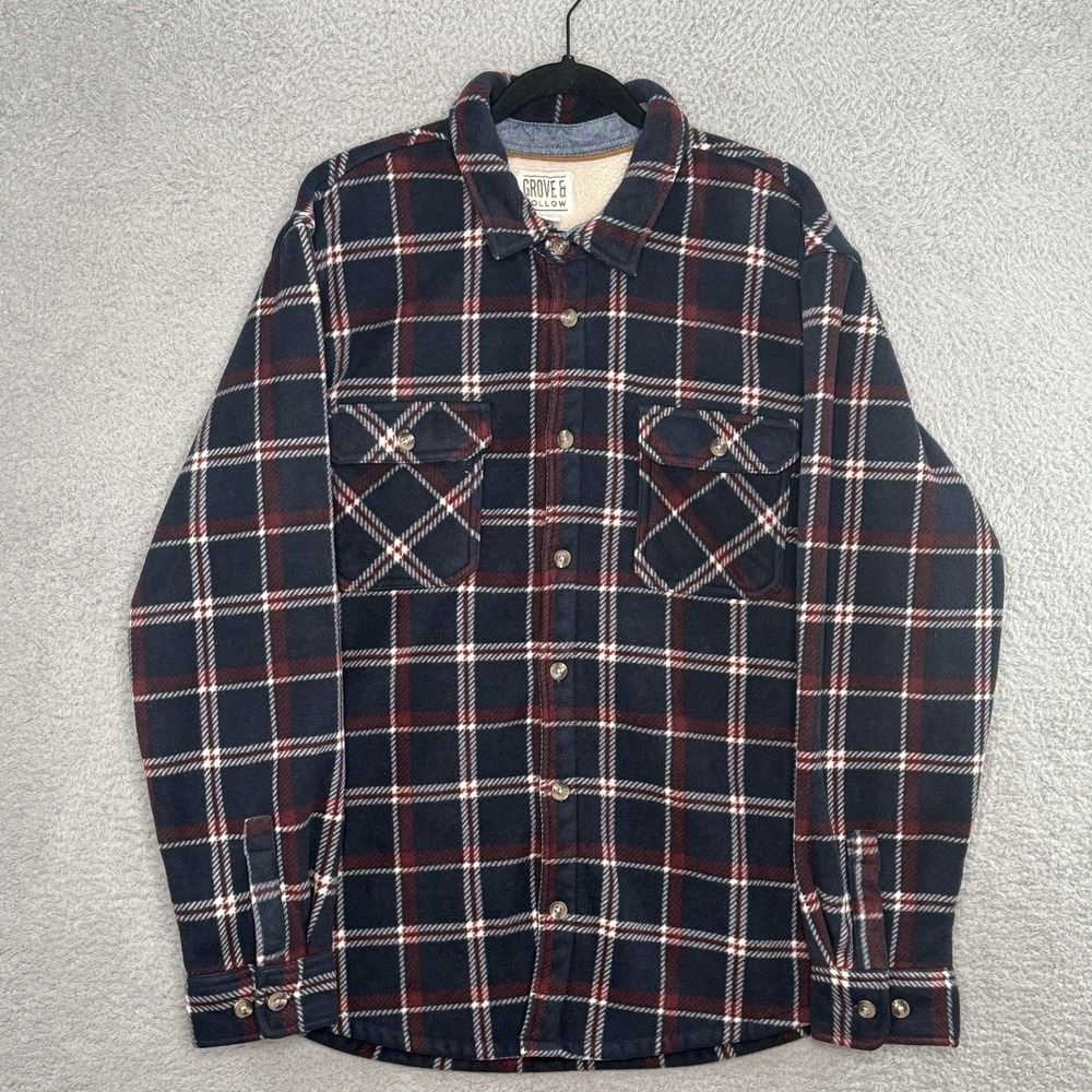 Grove & Hollow Men's XL Plaid Fleece Flannel Sherpa Lined‎ Jacket Shacket Button